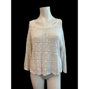 Women's Large White Open Crochet Lace Knit Blouse Sweater